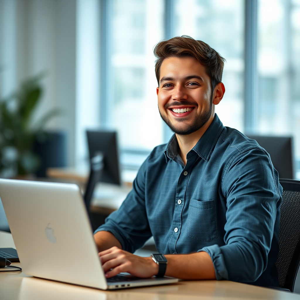 A portrait of a smiling web developer in a bright, modern office setting. They are sitting at a desk with a laptop displaying clean, elegant code. The background is blurred, emphasizing the developer. The lighting is soft and natural, creating a friendly and approachable atmosphere. Style: Professional, approachable, and modern. Technical specs: Photorealistic, 8K resolution.