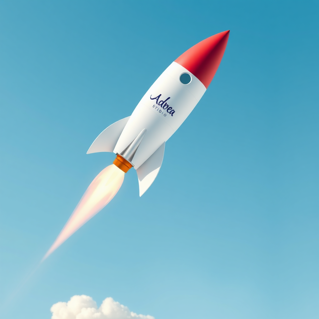 A visual representation of a rocket launching, symbolizing speed and efficiency. The rocket has the Adorea Studio logo on it. The background is a clear blue sky. Style: Modern, dynamic, and impactful. Technical specs: Photorealistic, 8K resolution.