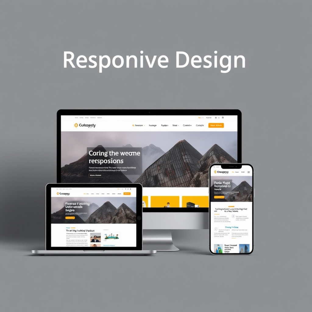 A visual representation of responsive design. The image features a one-page website displayed seamlessly across various devices (laptop, tablet, smartphone). Style: Modern, adaptable, seamless. Technical specs: Photorealistic, 8K resolution.