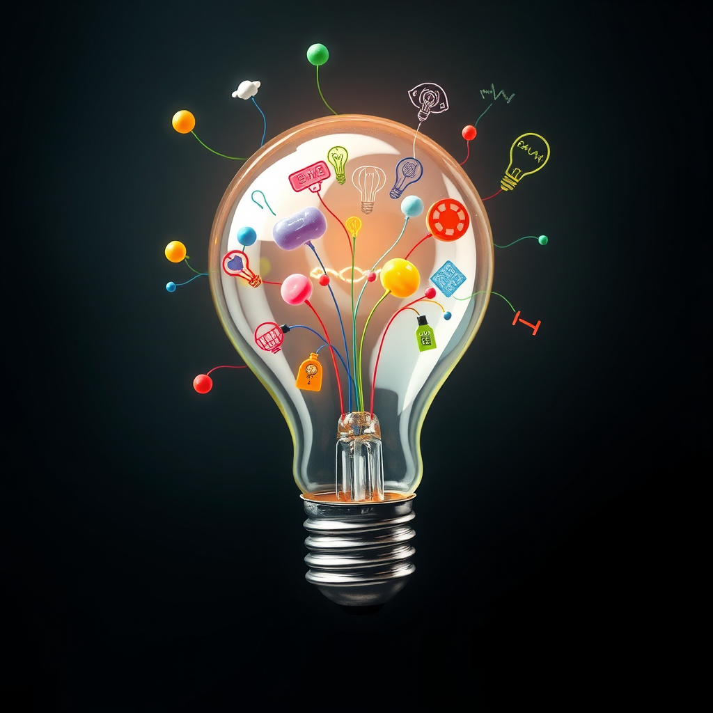 An image representing creativity and imagination. The image features a lightbulb with colorful ideas flowing out of it. Style: Creative, imaginative, inspiring. Technical specs: Stylized, 8K resolution.