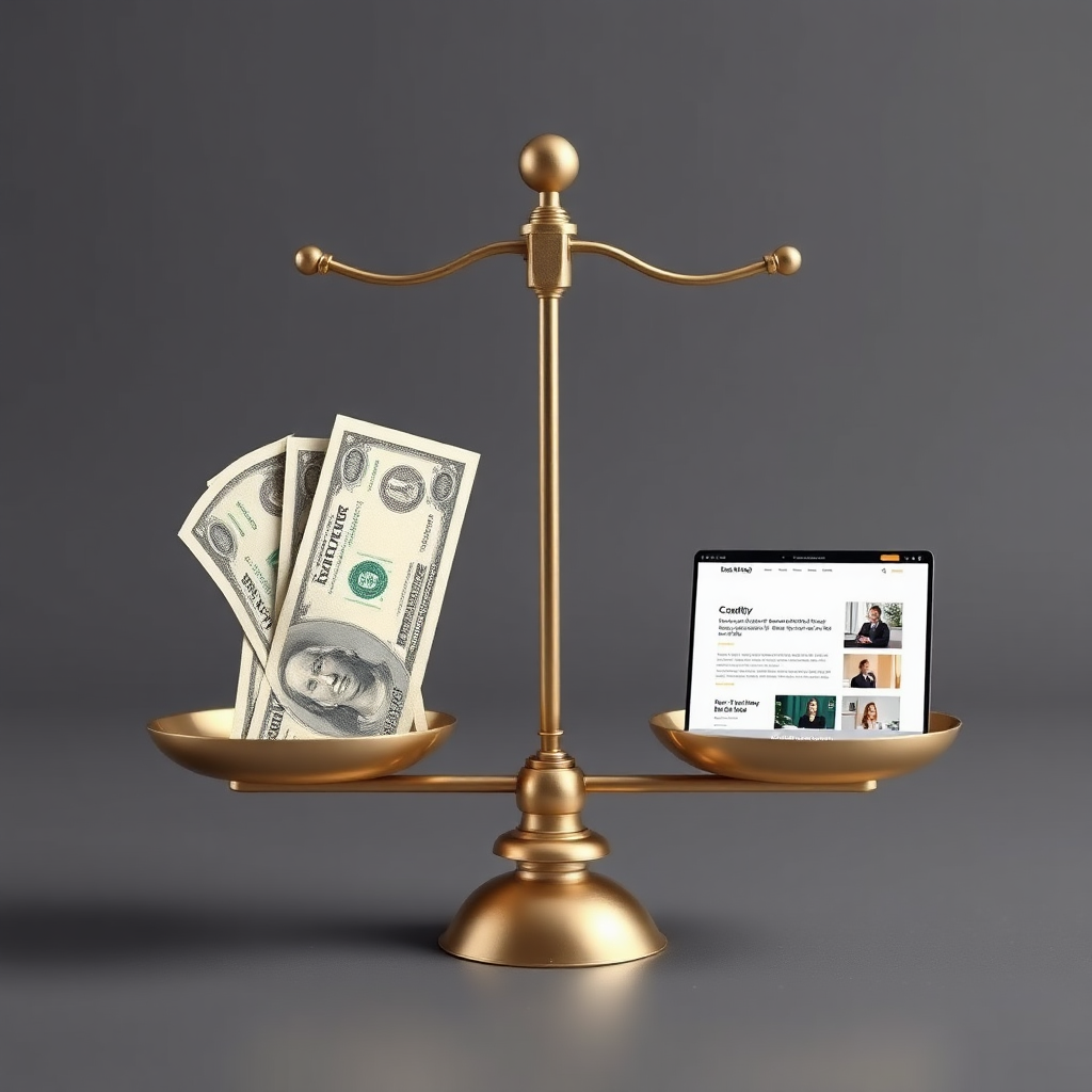 An image showing value for money. The image features a balanced scale with money on one side and a high-quality product (in this case, a website) on the other. Style: Balanced, fair, valuable. Technical specs: Photorealistic, 8K resolution.