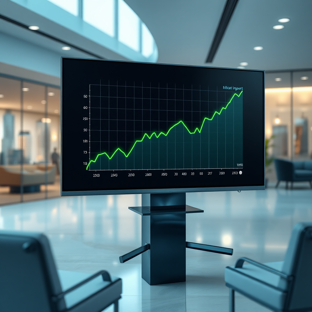 Create a photorealistic image of a modern financial chart showing an upward trend. The chart should be displayed on a large, high-resolution screen in a sleek, minimalist office setting. The background should feature subtle elements like a blurred cityscape and abstract representations of financial data. The color palette should be professional and trustworthy, using a combination of blues, greens, and grays. Highlight the upward trend with a vibrant green line and subtle visual cues indicating growth and profitability. Use soft, diffused lighting to create a sense of clarity and transparency. The camera angle should be a medium shot, capturing the details of the chart and the surrounding environment. Incorporate subtle details like reflections on the screen and the texture of the office furniture to enhance the realism. The overall style should be sophisticated and aspirational, evoking a sense of success and financial security. Render in 8K resolution with hyperrealistic textures.
