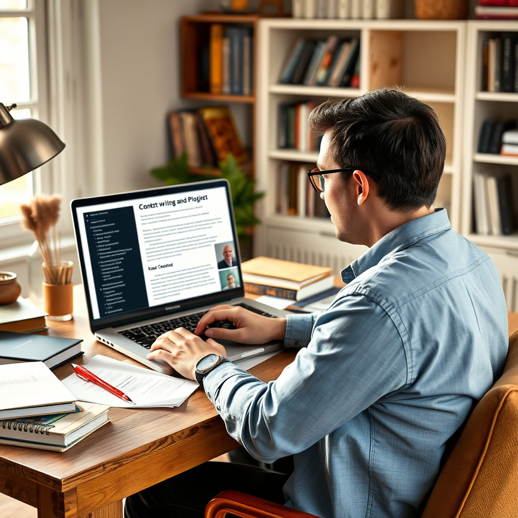 Create a photorealistic image of a content writer working on a compelling blog post. The writer should be seated at a comfortable desk with a laptop, surrounded by books, notes, and research materials. The laptop screen should display a well-structured and engaging blog post with eye-catching headlines, relevant images, and clear call-to-actions. The background should feature a cozy and inspiring home office setting with natural light and personal touches. The color palette should be warm and inviting, using a combination of neutral tones with pops of color. Use soft, diffused lighting to create a comfortable and productive atmosphere. The camera angle should be a medium shot, capturing the writer's focus and the details of the writing process. The overall style should be professional, creative, and approachable, evoking a sense of expertise and trustworthiness. Render in 8K resolution with hyperrealistic textures.