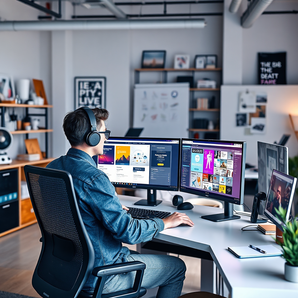 Create a photorealistic image showcasing a web designer working on a visually stunning website interface. The designer should be seated at a modern workstation with multiple monitors displaying various design elements, such as layouts, color palettes, and typography samples. The website interface should be clean, intuitive, and responsive, with a focus on user experience. The background should feature a well-organized design studio with creative tools and inspirational materials. The color palette should be vibrant and engaging, reflecting the diversity of web design styles. Use soft, diffused lighting to create a comfortable and productive atmosphere. The camera angle should be a medium shot, capturing the designer's focus and the details of the website interface. The overall style should be creative, modern, and professional, evoking a sense of innovation and craftsmanship. Render in 8K resolution with hyperrealistic textures.