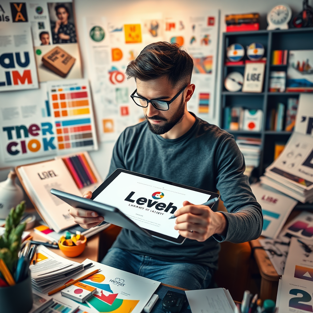 Create a visually compelling, photorealistic image of a graphic designer surrounded by various design elements, such as typography samples, color swatches, and sketches. The designer should be working on a digital tablet, creating a logo design for a client. The background should feature a well-organized design studio with creative tools and inspirational materials. The color palette should be vibrant and diverse, showcasing the breadth of graphic design possibilities. Use soft, diffused lighting to create a comfortable and creative atmosphere. The camera angle should be a medium shot, capturing the designer's concentration and the details of the design process. Incorporate subtle details like the texture of the paper, the sharpness of the digital pen, and the reflections on the tablet screen to enhance the realism. The overall style should be modern, creative, and professional, evoking a sense of artistry and innovation. Render in 8K resolution with hyperrealistic textures.