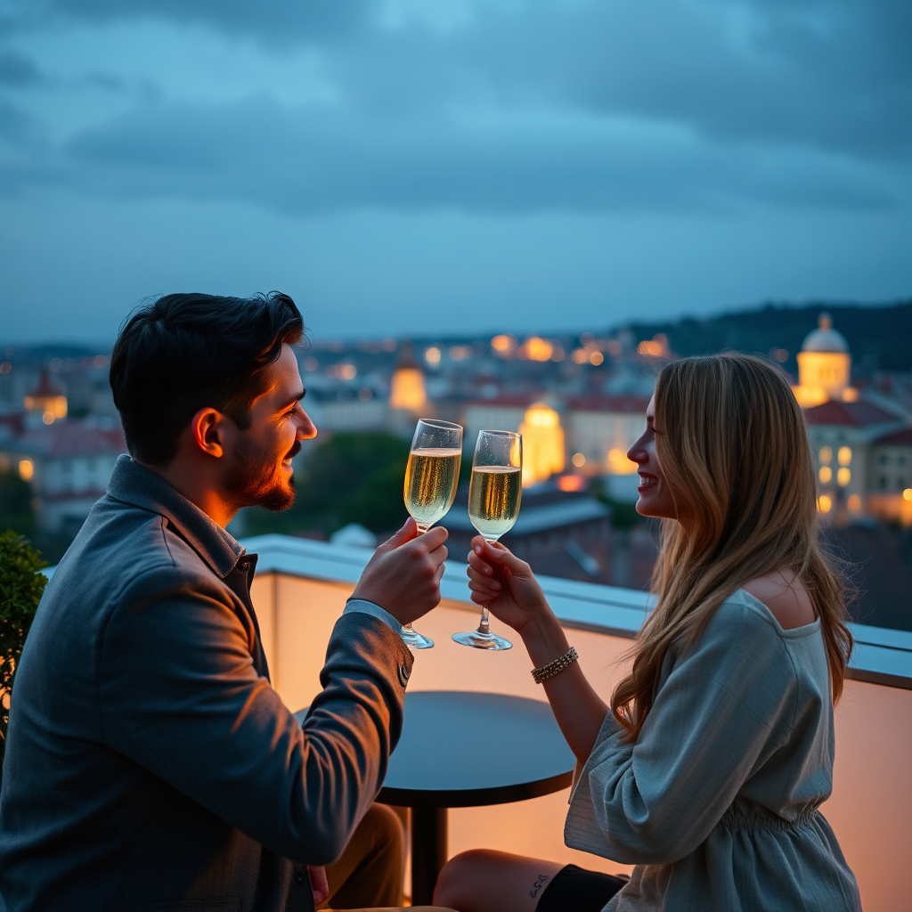 Pár s pripíjaním šampanského