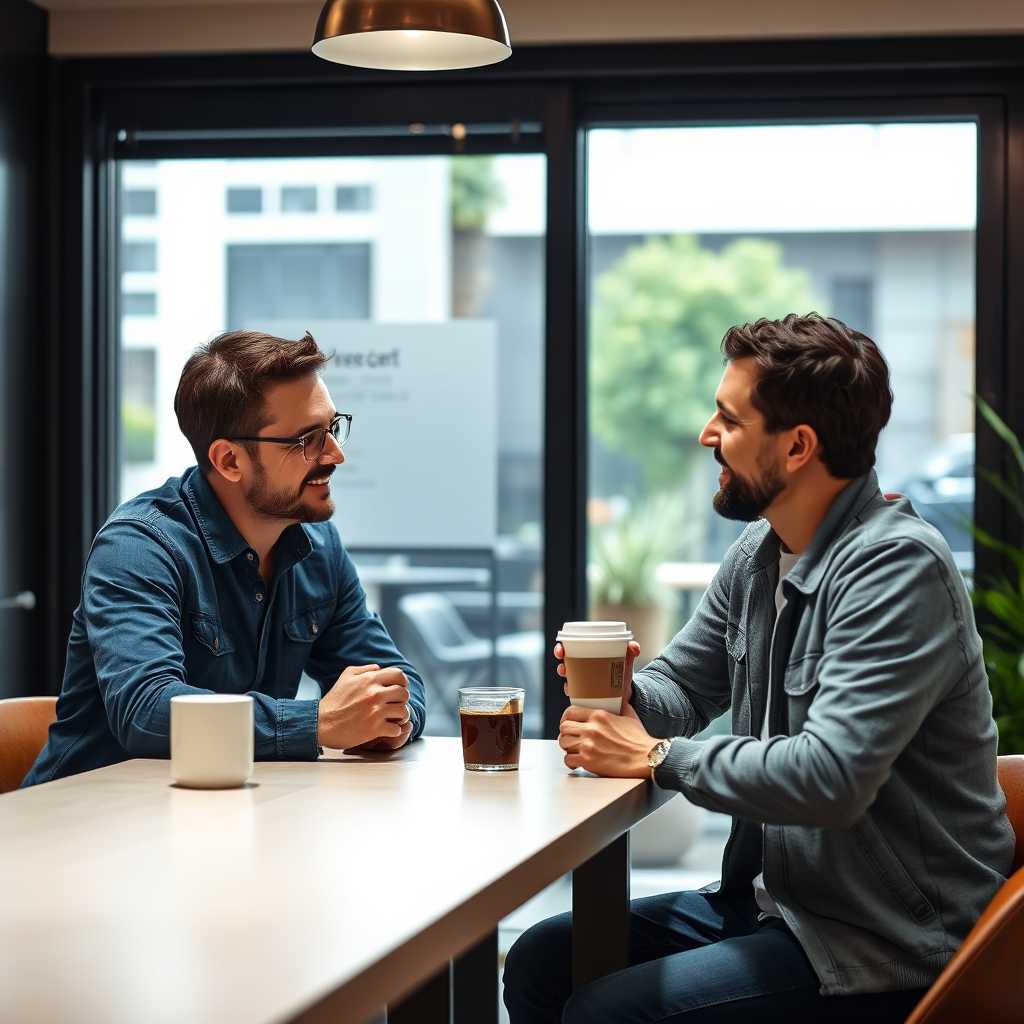 Two people having a conversation over coffee, discussing website requirements. The atmosphere is relaxed and friendly. Style: Casual, friendly, collaborative. Technical specs: Photorealistic, 8K resolution.