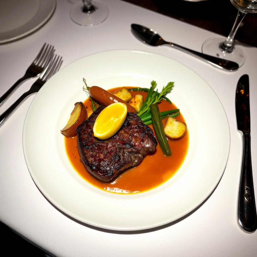 A beautifully plated steak with roasted vegetables, showcasing the elegant presentation and flavors. The lighting is soft and flattering, highlighting the dish's textures and colors. Fine dining utensils and glassware are present.