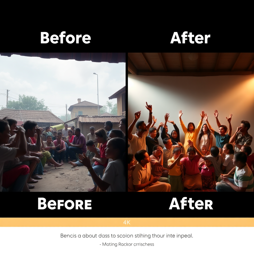 A before-and-after image showcasing the impact of Bana Rackor Consult's work. The 'before' side depicts a community facing a social challenge, while the 'after' side depicts the same community thriving after a theatrical intervention. The lighting is used to emphasize the positive transformation. The color palette is used to convey hope and progress. 4K resolution, high quality with attention to detail in the textures and details.