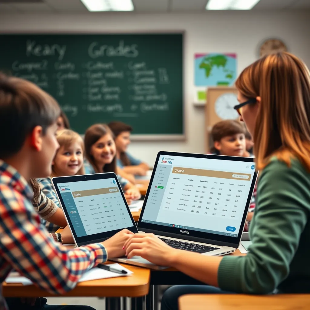 A cheerful classroom setting with students actively engaged in a lesson. In the background, a teacher is using a laptop to effortlessly enter student grades into the school management software. The software interface is clean and easy to use, showcasing automated grade calculations and other time-saving features.