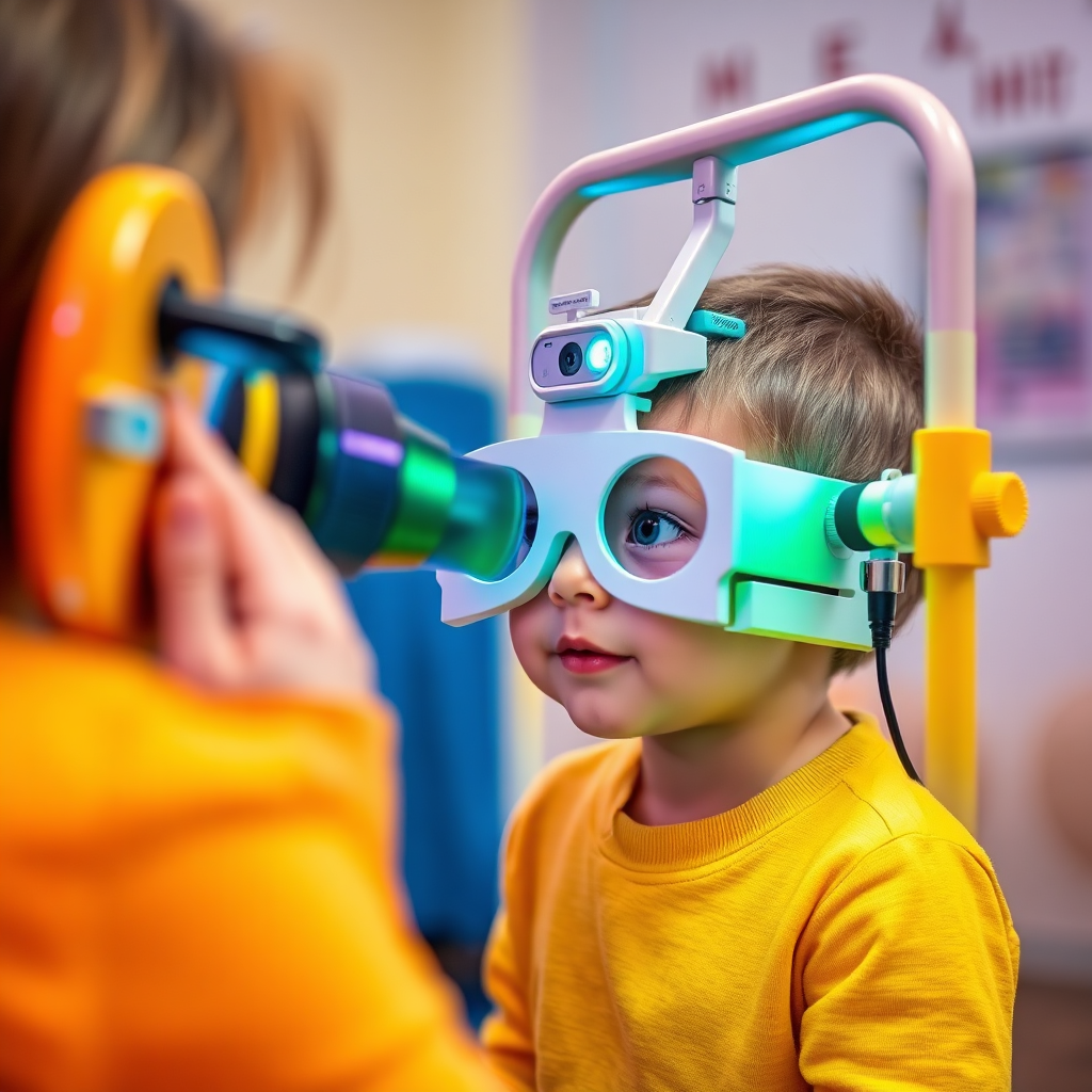 A child undergoing a vision screening test with playful and engaging equipment. Focus on the child's curiosity and the friendly atmosphere. Soft, colorful lighting illuminates the scene. The color palette is vibrant and cheerful, with shades of yellow and orange. The camera angle is a medium shot, capturing the child's interaction with the equipment and the optometrist.