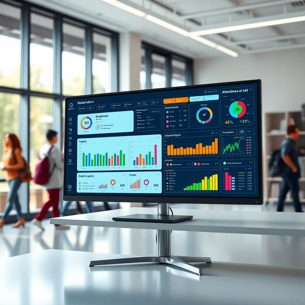 A clean, modern office with a large monitor displaying a dynamic dashboard of student information, including attendance, grades, and progress reports. The background should be a blurred view of a vibrant school campus with students interacting. The dashboard features a bright, colorful interface with interactive charts and graphs.  Soft, natural lighting illuminates the scene, highlighting the clarity and efficiency of the system.  The scene is captured from a low angle, emphasizing the power and accessibility of the software.  Style:  Photorealistic, in the style of a high-end tech advertisement.  Resolution:  8K, ultra-detailed.  Focus on showcasing a user-friendly and visually appealing interface.