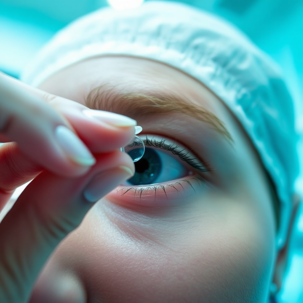 A close-up shot of a person inserting a contact lens, with a focus on the precision and care involved. The background is a clean and sterile environment. Soft, diffused lighting illuminates the scene. The color palette is cool and professional, with shades of blue and white. The camera angle is a macro shot, capturing the details of the contact lens and the eye.