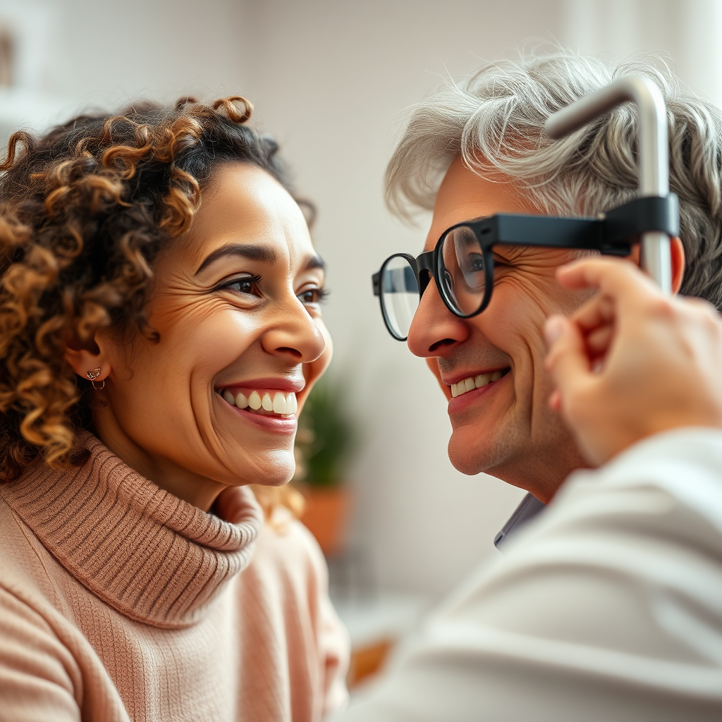 A close-up shot of a smiling patient interacting with a caring optometrist. Focus on the genuine connection and empathy between them. Soft, diffused lighting illuminates the scene. The color palette is warm and inviting, with shades of peach and beige. The camera angle is a medium shot, capturing the patient's expression of contentment. The texture details highlight the warmth and sincerity of the interaction.