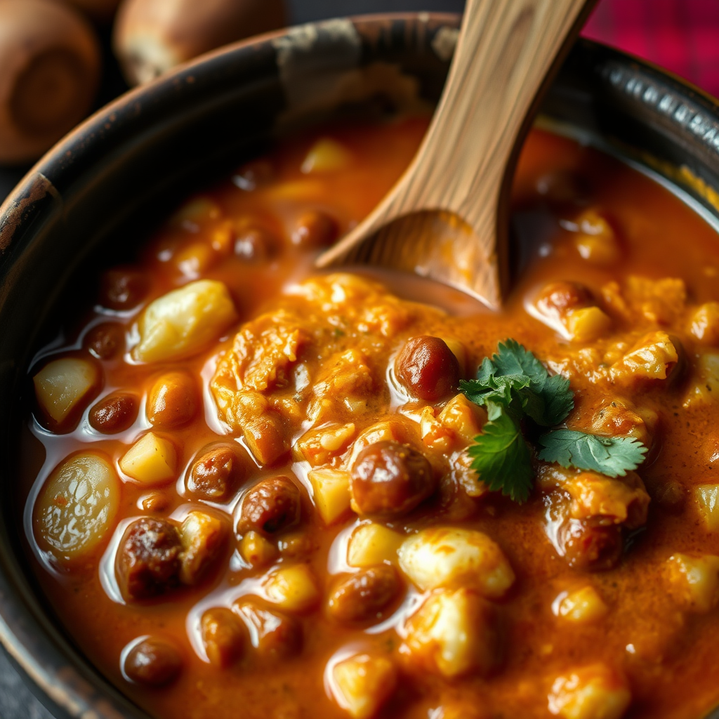 A close-up shot of a steaming bowl of Fufu with groundnut soup, highlighting the rich colors and textures. The lighting is warm and inviting, emphasizing the comfort and authenticity of the dish. Traditional Ghanaian serving utensils are present.