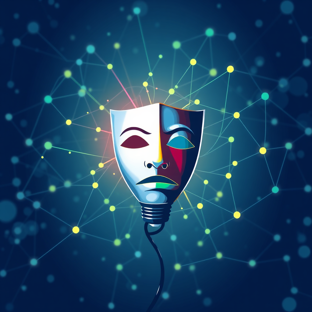 A conceptual image representing innovative approaches to theatre. The artwork features a theatrical mask transforming into a lightbulb, symbolizing the creative spark of Bana Rackor Consult. The background is a network of interconnected nodes, representing the company's reach and impact. The color palette is vibrant and modern, with a focus on blues and greens. Stylistic inspiration: a blend of graphic design and abstract art. 4K resolution, high quality with attention to detail in the textures.