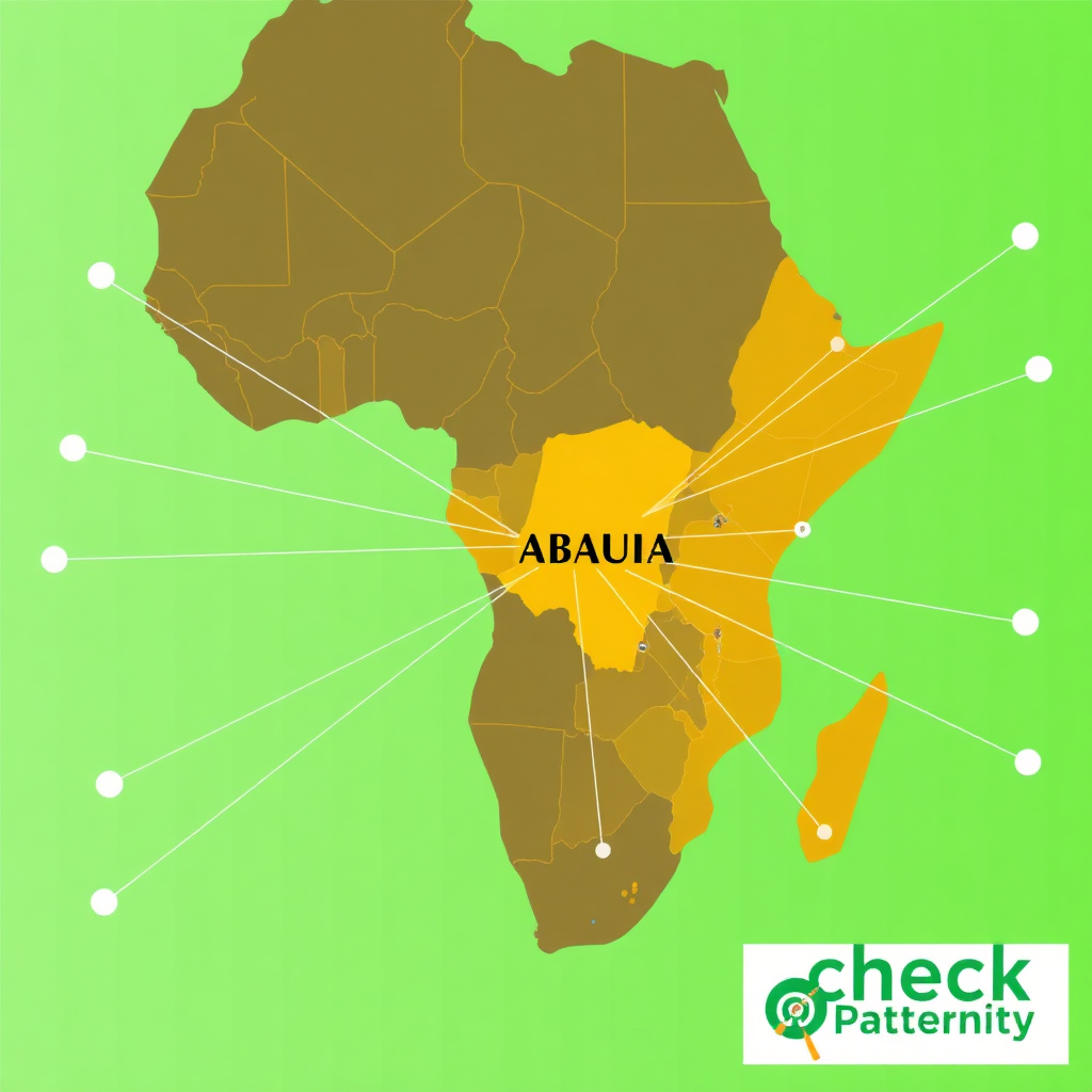 A digital illustration of a map of Africa with Abuja highlighted. Connecting lines extend outwards, symbolizing the reach of Check Paternity's services. The color scheme is bright and inviting, showcasing the continent's diversity.