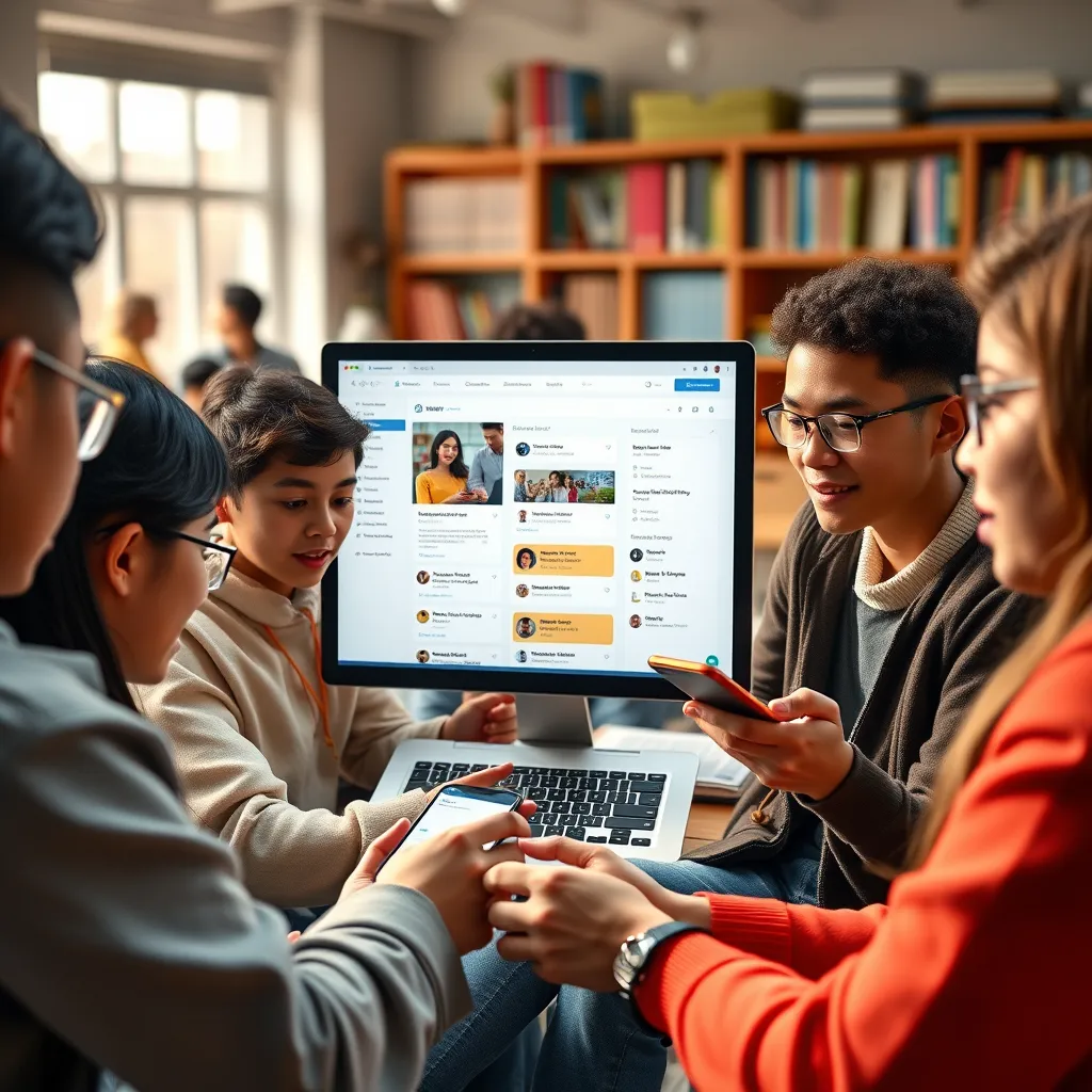 A diverse group of students, teachers, and parents using smartphones and laptops to access a school management software platform. The interface displays a vibrant forum with ongoing discussions and announcements, while parents are receiving real-time updates on their children's progress.