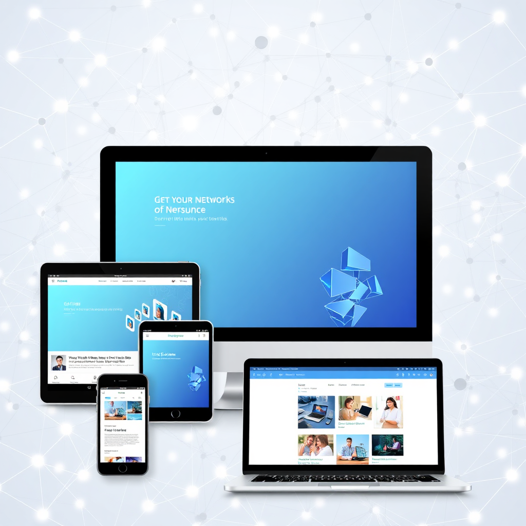 A dynamic image displaying various devices (smartphones, tablets, laptops) showcasing sleek and modern website and app interfaces. The background should be an abstract network representing the interconnected digital world.