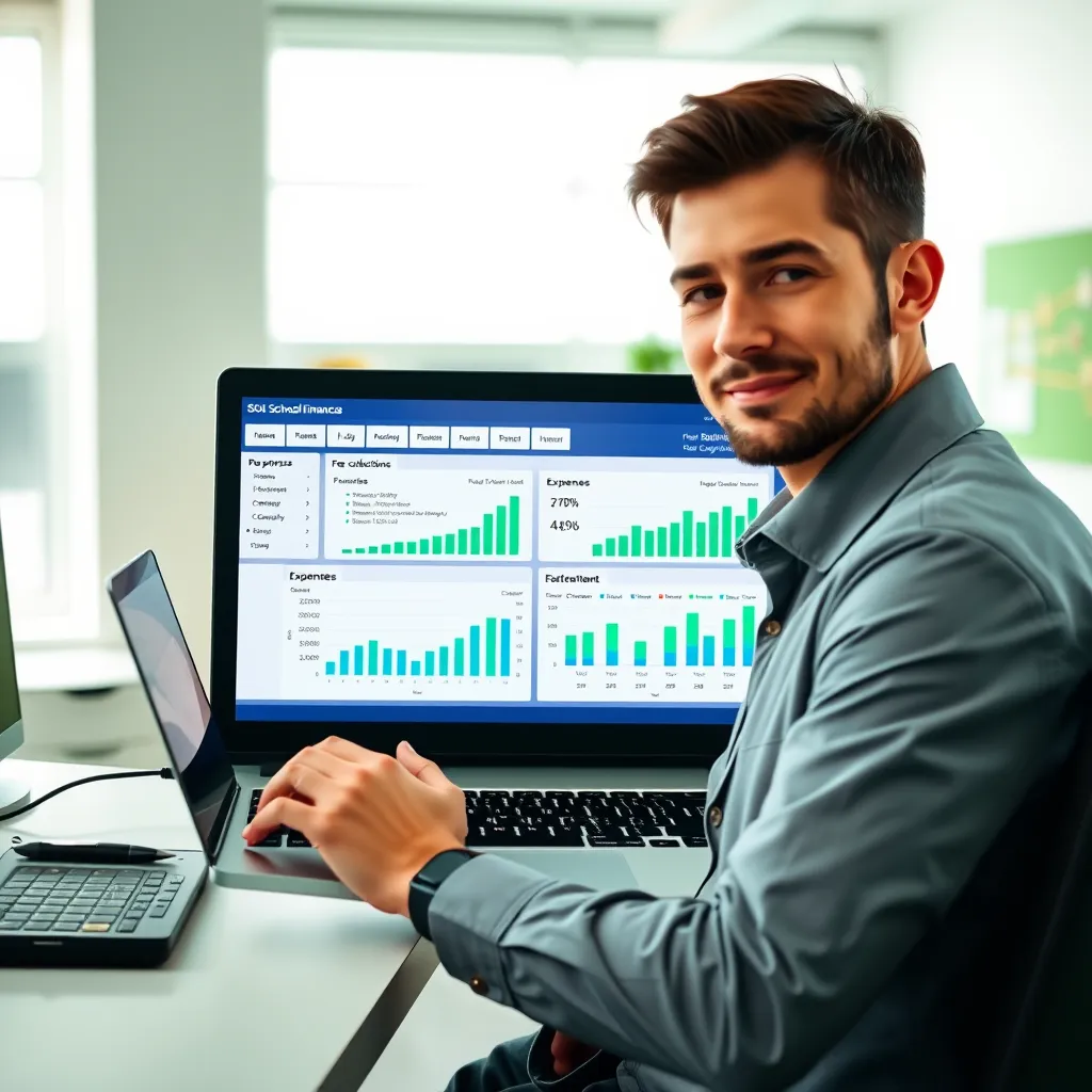 A financial manager working in a well-lit office, using a laptop to manage school finances. The screen displays a detailed financial dashboard with clear graphs and charts showcasing fee collections, expenses, and revenue. The office is organized and professional, with a subtle green color palette representing financial growth.  The laptop screen should be brightly illuminated, highlighting the user-friendly interface of the software. The manager wears a professional outfit and appears confident, signifying the ease of use and efficiency of the software.  The camera angle should be slightly above the manager's head, capturing a panoramic view of the office and the laptop screen.  Style:  Photorealistic, with a focus on clarity and detail.  Resolution: 8K, ultra-detailed.