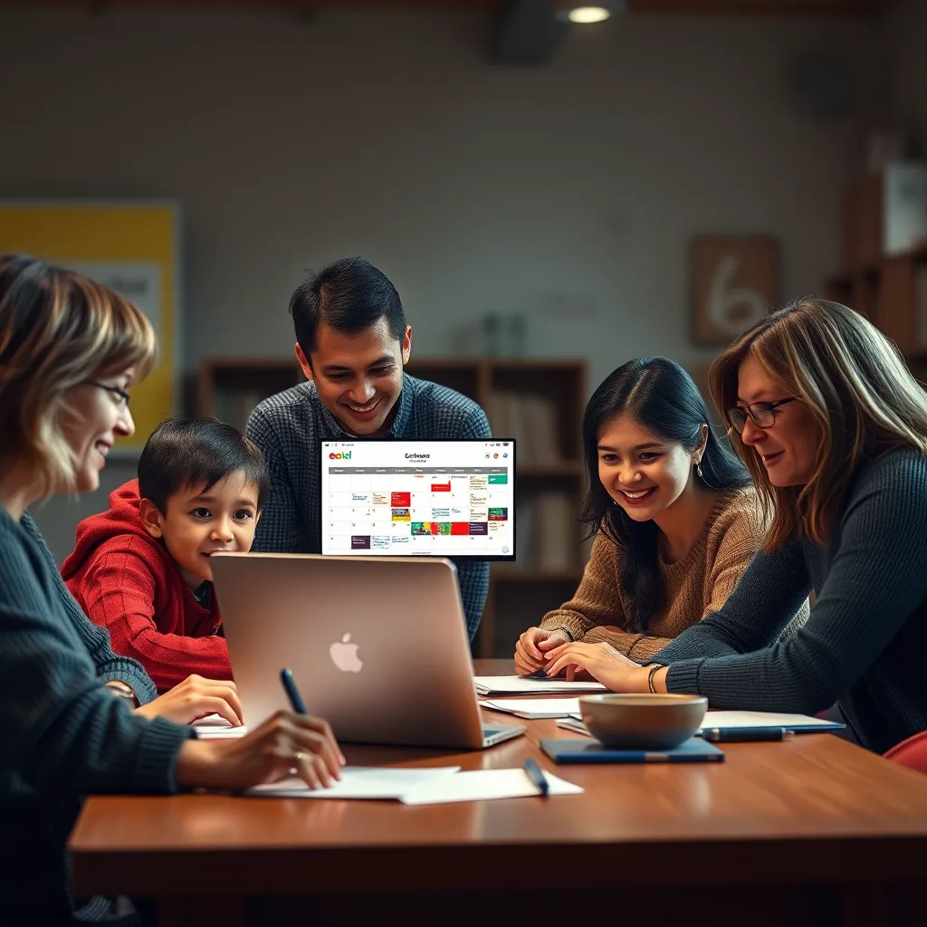 A group of parents and teachers gathered around a table, using a laptop to view a school calendar and upcoming events, with a warm and inviting atmosphere.