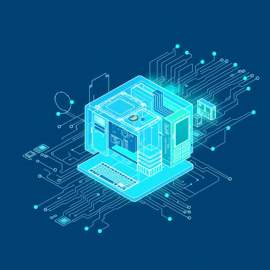 A highly detailed illustration depicting a blueprint of software architecture, transforming into a finished digital product, symbolizing the creation and customization process. Use a color palette of engineering blue and digital green.