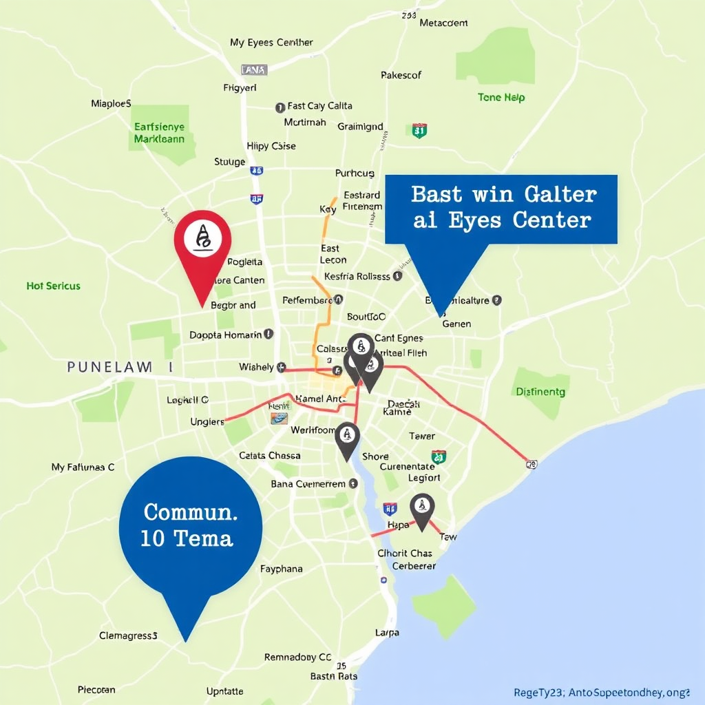 A map of Accra and Tema, Ghana, with prominent markers indicating the locations of My Eyes Center in East Legon and Comm. 10 Tema. The map is stylized and informative, with clear and concise labels. The color palette is bright and easy to read, with shades of green and blue. The camera angle is an overhead view, providing a clear overview of the region. Highlight major landmarks and transportation routes.