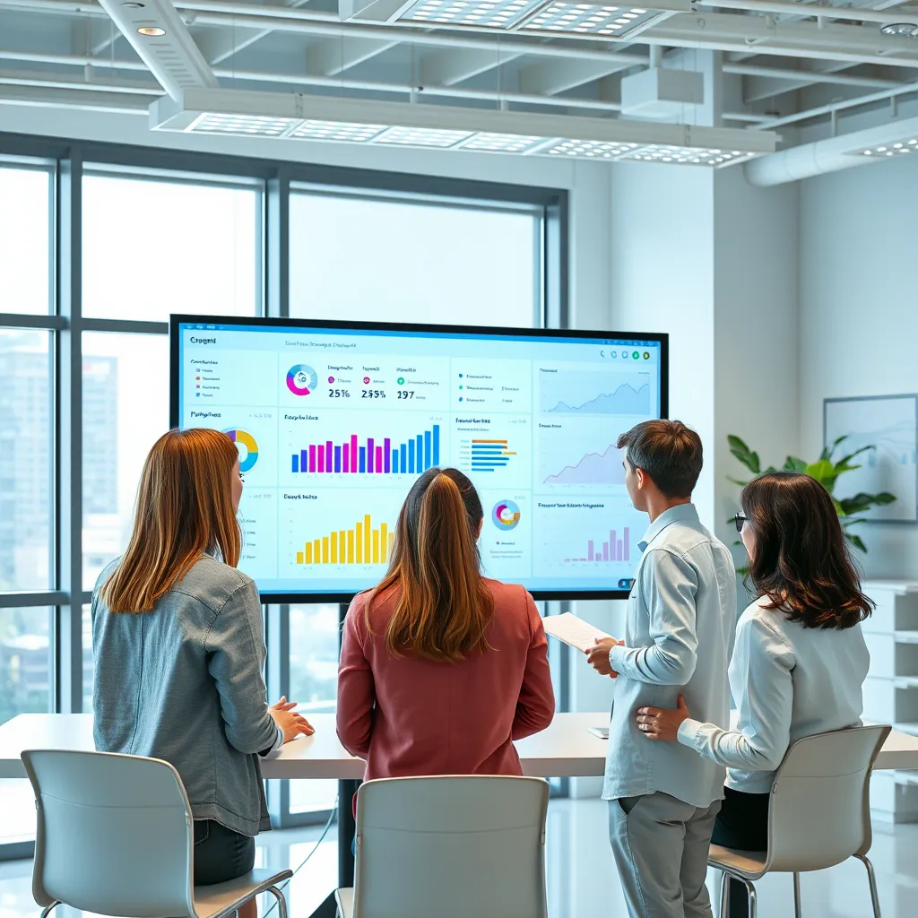 A modern, brightly lit office with a team of teachers using a large touchscreen display to access a user-friendly school management software interface. The interface shows a dashboard with colorful charts and graphs representing student attendance, grades, and other key performance indicators. The teachers are collaborating and discussing the data on the screen.