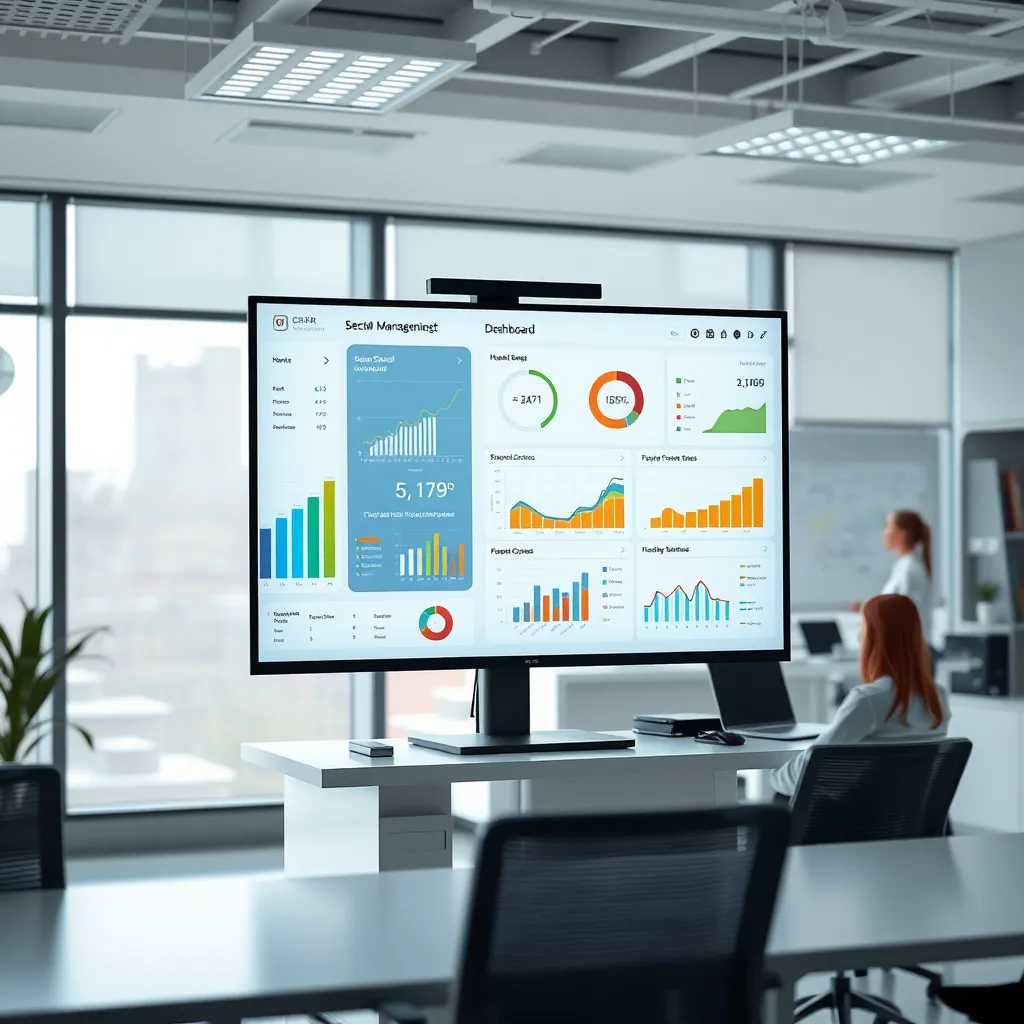 A modern, clean office with a large monitor displaying a school management software dashboard. Charts, graphs, and key performance indicators are visible, with a teacher in the background reviewing the data.