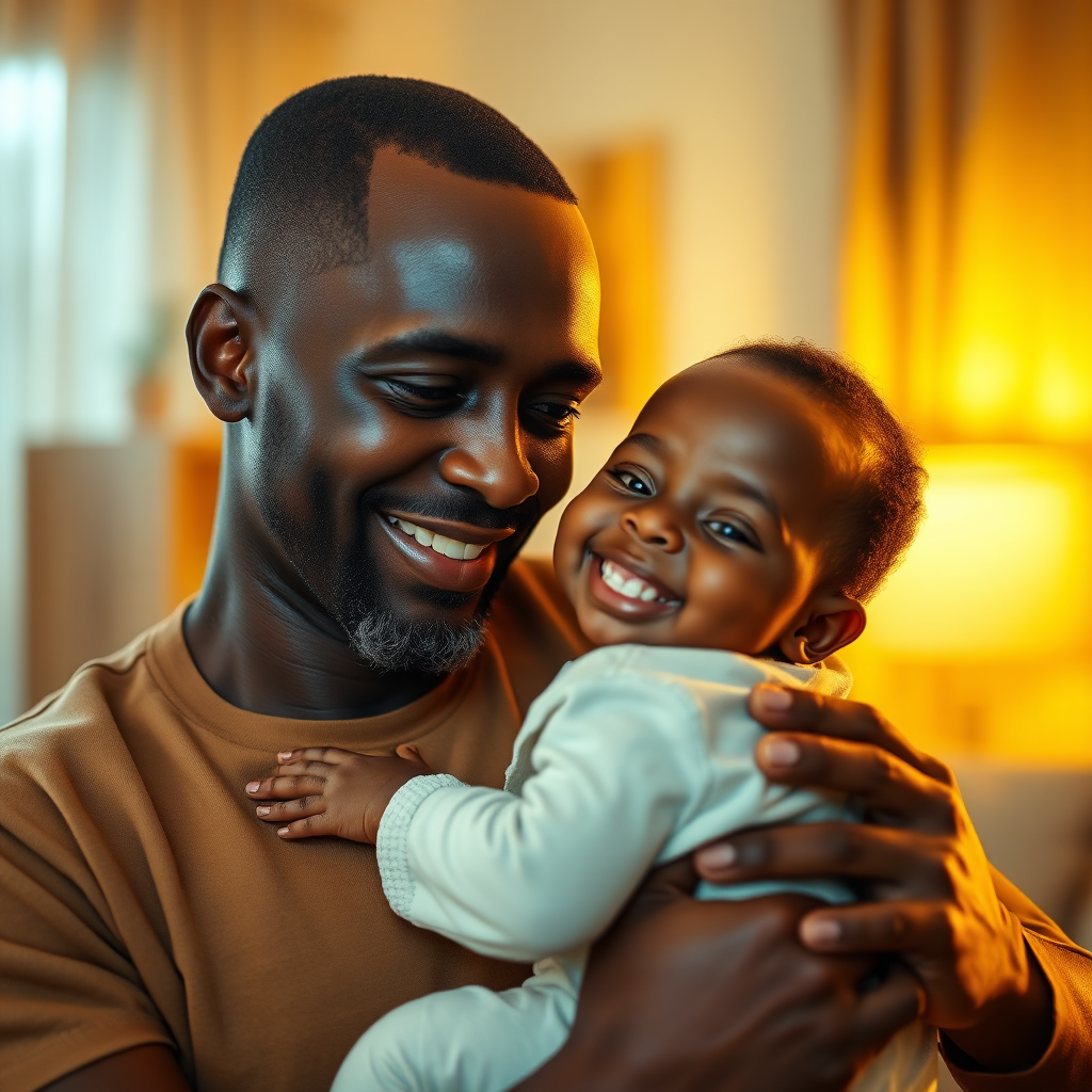 A photorealistic 4K image depicting a warm, reassuring scene. A father is gently holding his child, both smiling softly. The background should be blurred, suggesting a comfortable home environment in Abuja. The lighting is soft and golden, conveying a sense of love and security. The overall color palette is warm and inviting. The camera angle is slightly high, creating a sense of intimacy and vulnerability. The focus is sharp on the father and child's faces, highlighting their connection. Include subtle elements of Nigerian culture in the clothing or decor. The style is reminiscent of a family portrait, emphasizing trust and connection. High quality rendering with detailed textures for a believable and emotionally resonant feel.