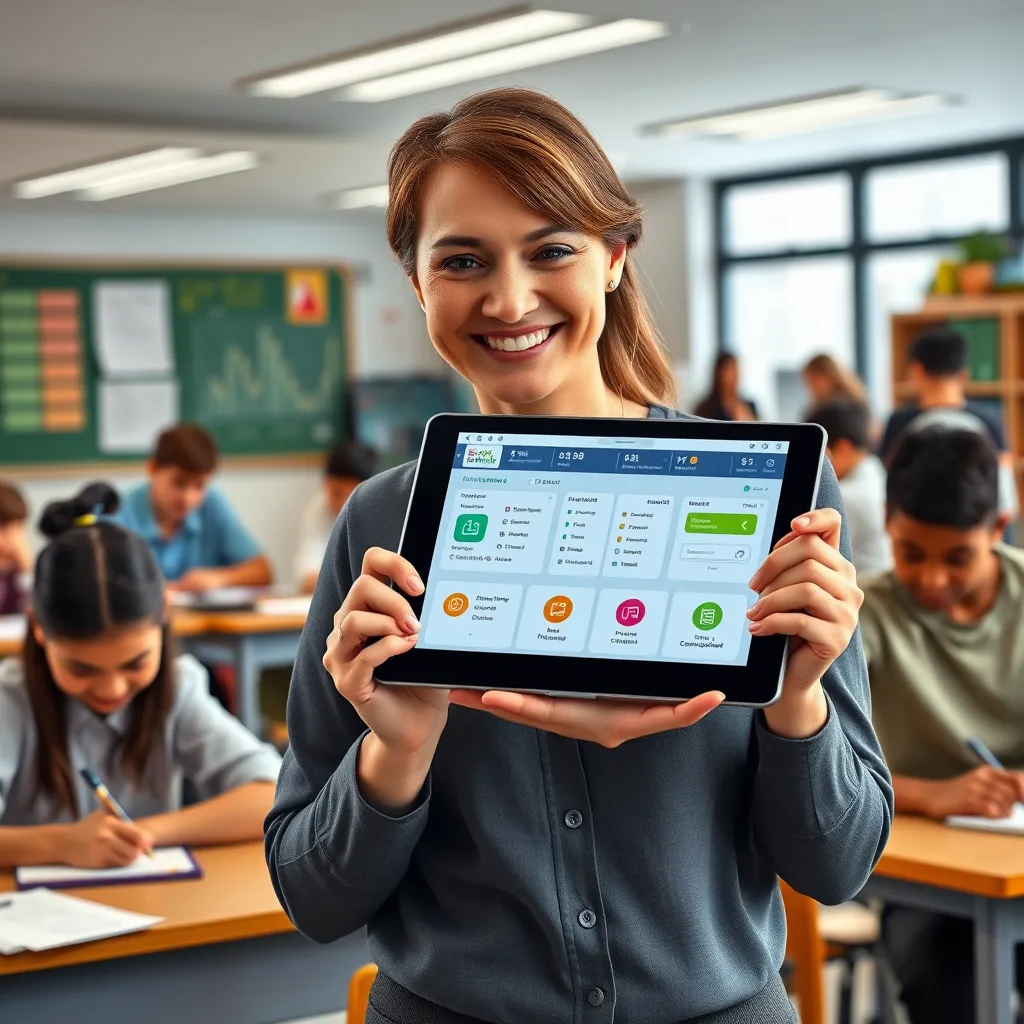 A photorealistic illustration of a teacher smiling while using a tablet with a school management software interface, showing various features like attendance tracking, grade management, and communication tools. In the background, students are engaged in various activities like studying, working on projects, and participating in a classroom discussion. The overall image should convey a sense of efficiency and organization.