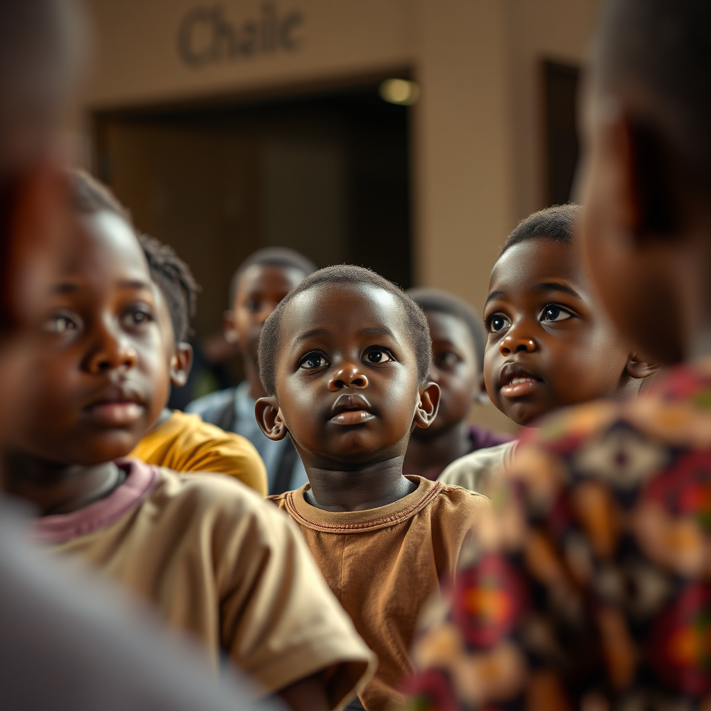 A photorealistic image capturing a scene from a Bana Rackor Consult performance. The scene depicts a group of children completely absorbed in watching a play about Ghanaian folklore. The lighting is soft and natural, highlighting the children's expressions of wonder and excitement. The backdrop is a simple, yet effective set design. Focus on the interaction between the actors and the audience, conveying the power of theatre to engage and educate. Camera angle: medium shot, focusing on the children's faces. 4K resolution, high quality with realistic textures.
