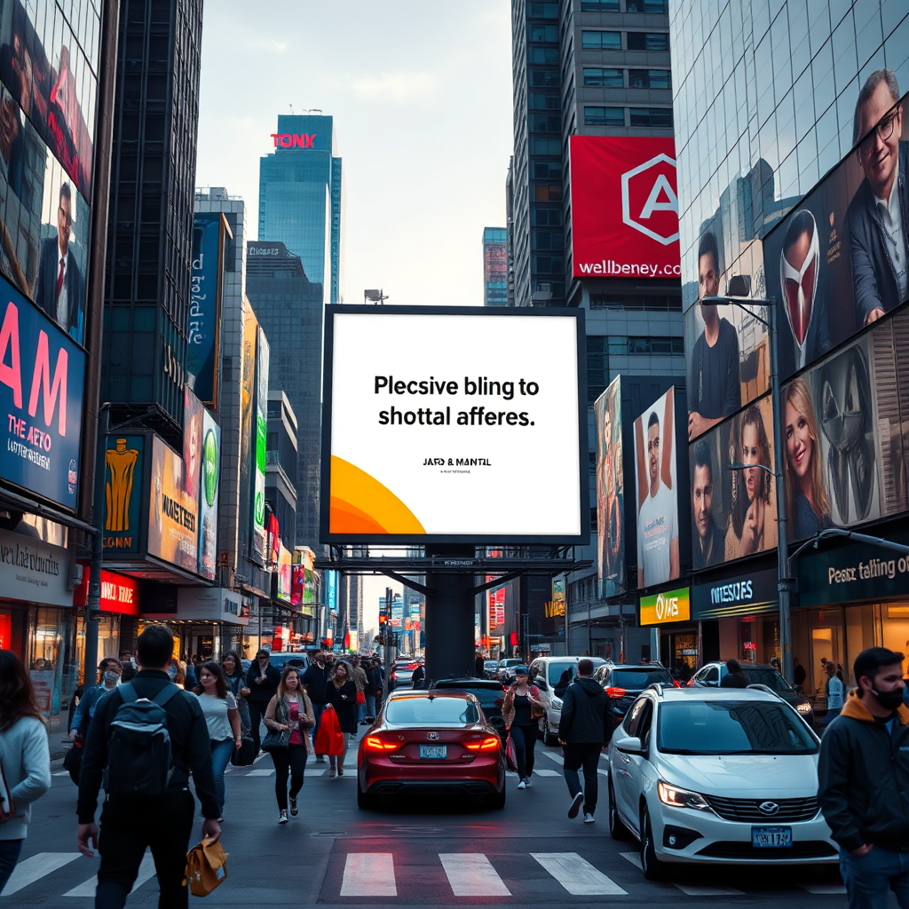 A photorealistic image depicting a strategically placed billboard in a bustling urban environment. The billboard should be prominently displayed, capturing the attention of pedestrians and motorists. The surrounding area should be vibrant and reflective of the target demographic. The lighting should highlight the billboard's message and create a sense of impact. The camera angle should be slightly elevated, showcasing the billboard's placement within the city landscape. Focus on capturing the dynamic energy of the urban environment and the billboard's integration into it.
