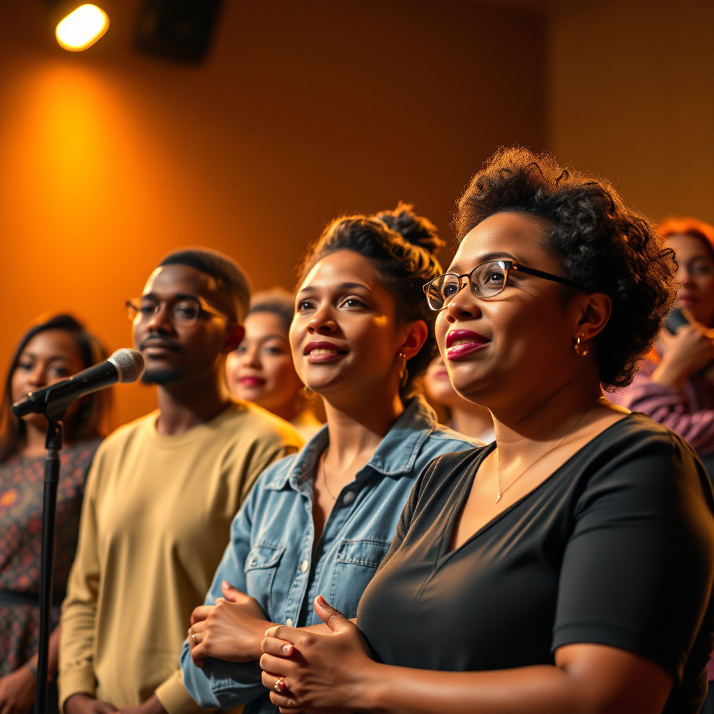A photorealistic image depicting the empowerment of marginalized communities through theatre. The scene features a group of people from a marginalized community performing on stage. The lighting is warm and encouraging, highlighting their confidence and strength. Focus on capturing the authentic voices and stories of the performers. Camera angle: medium shot, focusing on the performers' faces. 4K resolution, high quality with realistic textures and details.