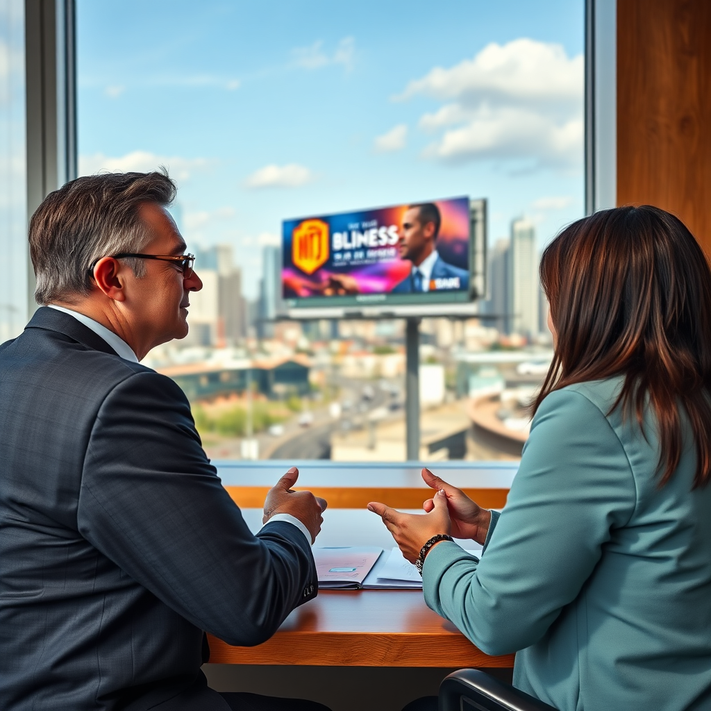 A photorealistic image depicting a media buyer negotiating with a billboard owner. The scene should take place in a professional office setting with a view of the city skyline. The lighting should be professional and focused, highlighting the negotiation process. The camera angle should be medium, capturing the interaction between the media buyer and the billboard owner. The style should be realistic and business-oriented, showcasing the agency's expertise in media buying.