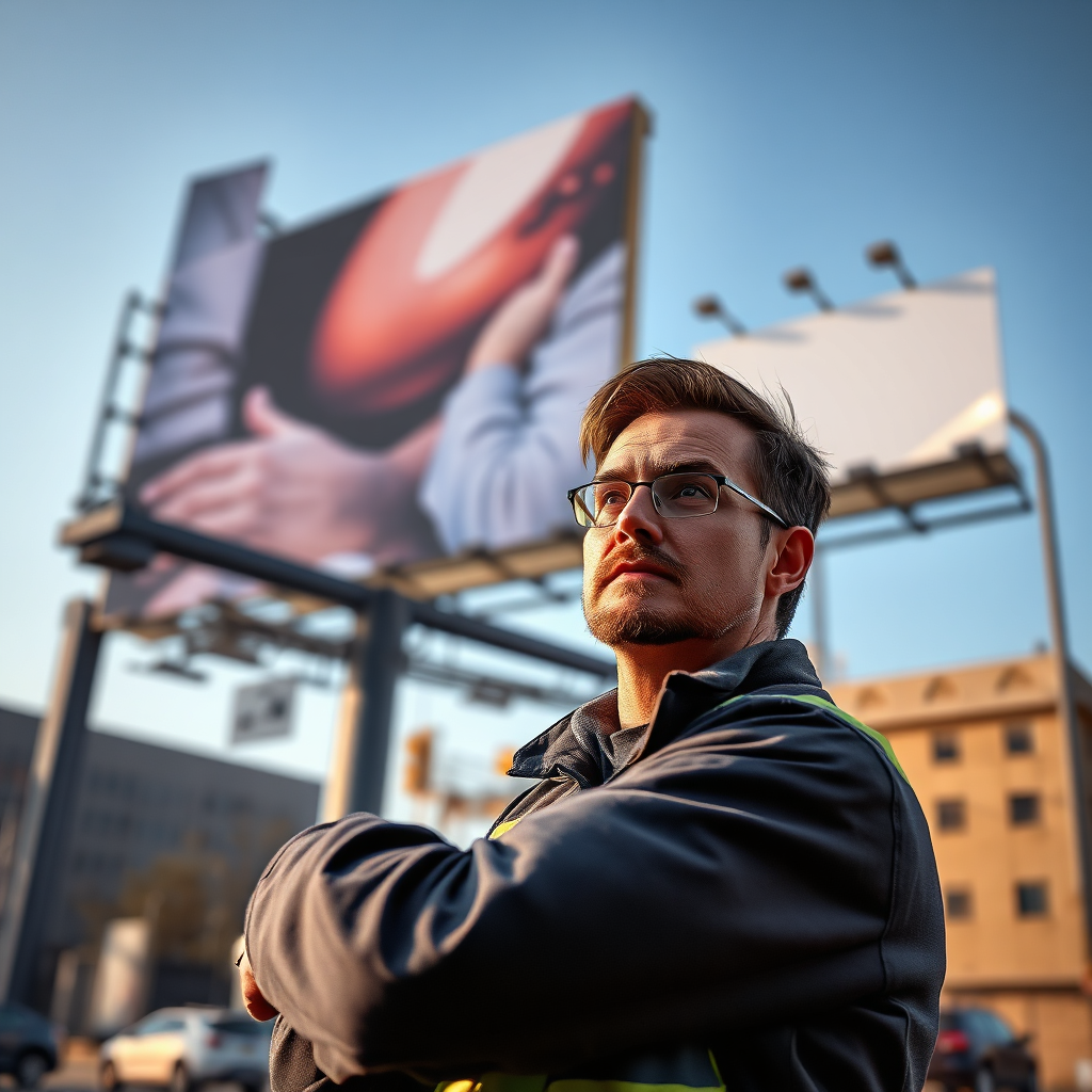 A photorealistic image depicting a campaign manager overseeing the installation of a billboard. The scene should show the billboard being erected in a prominent location, with the manager ensuring quality and precision. The lighting should be focused and purposeful, highlighting the manager's attention to detail. The camera angle should be close-up, capturing the manager's focused expression and the technical aspects of billboard installation. The style should be realistic and professional, showcasing the agency's commitment to excellence in campaign execution.