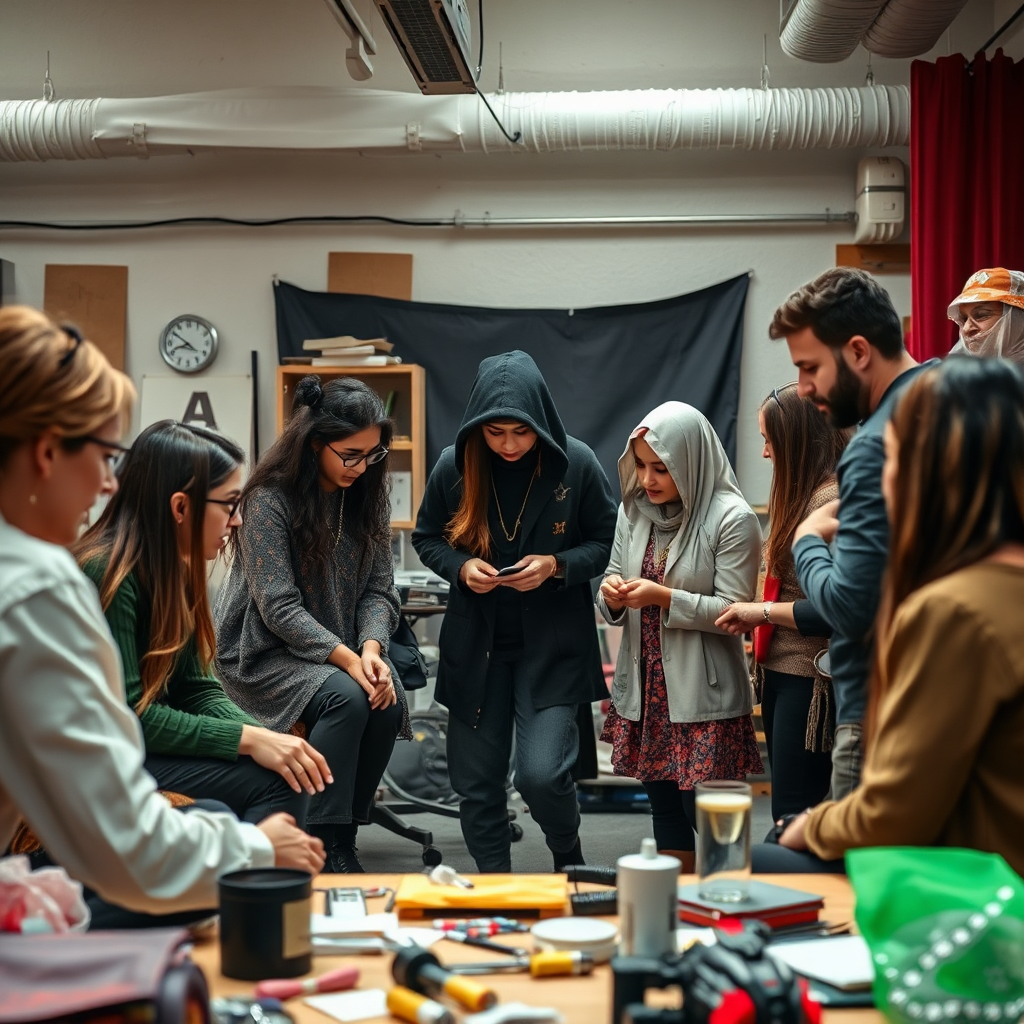 A photorealistic image depicting a collaborative partnership between Bana Rackor Consult and a local organization. The scene features a group of people working together on a theatrical project. The setting is a creative workspace, with various props and costumes visible. Focus on capturing the spirit of teamwork and collaboration. Camera angle: medium shot, focusing on the group dynamics. 4K resolution, high quality with realistic textures and details.