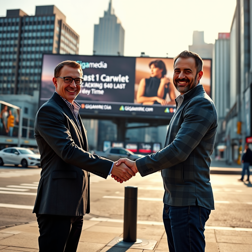 A photorealistic image depicting a handshake between a Gigamedia representative and a client in front of a newly installed billboard. The setting is a vibrant cityscape with a successful billboard campaign in the background. The lighting is warm and inviting, symbolizing trust and collaboration. The camera angle is medium, capturing the handshake and the confident expressions of both individuals. The image should convey a sense of partnership and mutual success.