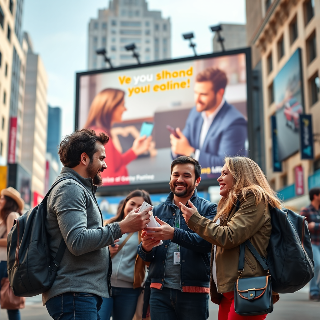 A photorealistic image depicting a group of happy customers interacting with a product or service advertised on a billboard. The setting is a vibrant urban environment with the billboard prominently displayed in the background. The lighting is natural and positive, highlighting the positive impact of the advertising campaign. The camera angle is wide, capturing the customer interaction and the billboard's influence. The style should be realistic and aspirational, showcasing the agency's ability to drive tangible results.