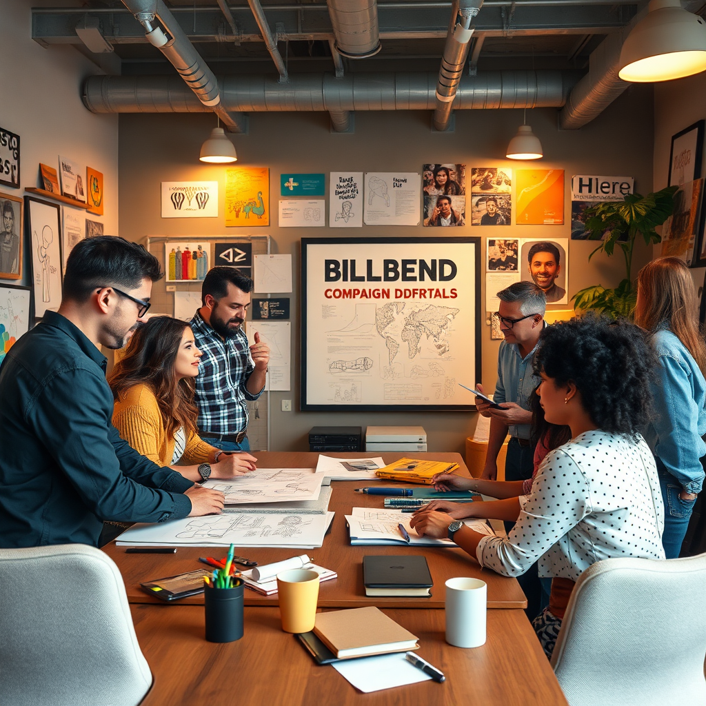 A photorealistic image depicting a diverse group of advertising professionals brainstorming ideas for a billboard campaign. The scene should take place in a creative office space, filled with sketches, mood boards, and visual inspiration. The lighting should be warm and inviting, fostering a collaborative atmosphere. The color palette should be vibrant and expressive. The camera angle should be medium-shot, capturing the team's dynamic energy and creative process. Focus on showcasing the team's passion and expertise in crafting impactful advertising campaigns.
