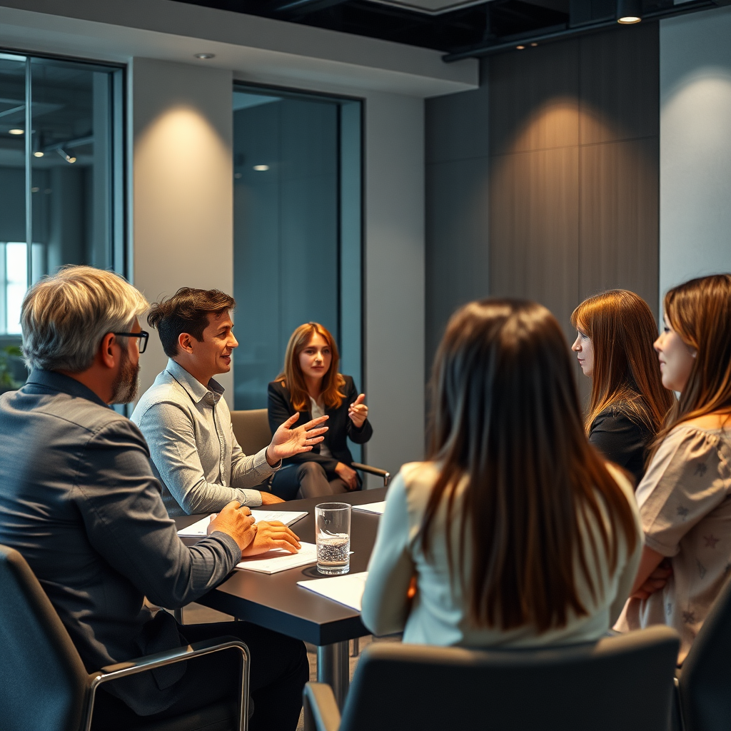 A photorealistic image depicting a corporate training session led by Bana Rackor Consult. Participants are engaged in a role-playing exercise, using theatrical techniques to improve their communication skills. The setting is a modern conference room. The lighting is professional and well-lit. Camera angle: wide shot, capturing the entire group and the dynamics of the session. 4K resolution, focusing on clarity and detail.