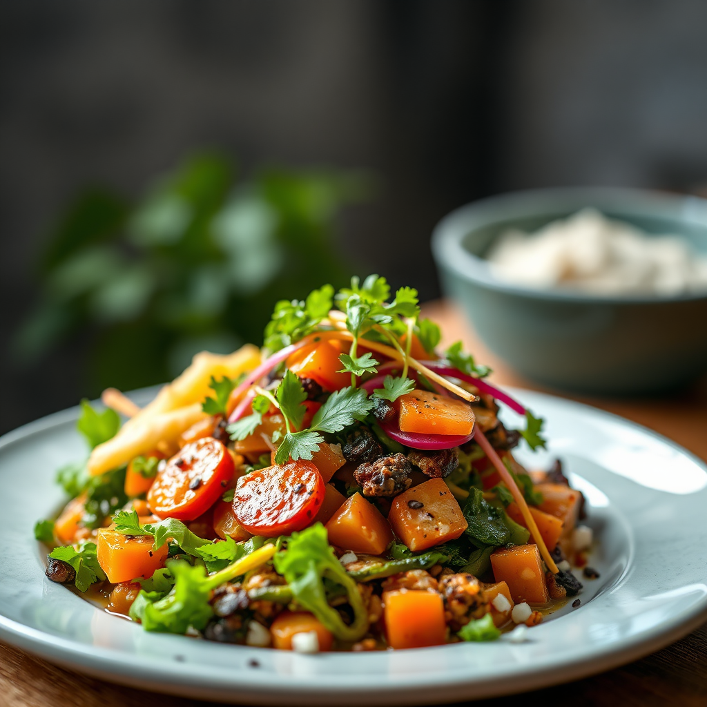 A photorealistic image of a beautifully plated vegan dish, showcasing the vibrant colors and textures of plant-based ingredients. The lighting is soft and flattering, highlighting the dish's presentation and appeal. The background is blurred to focus on the food.