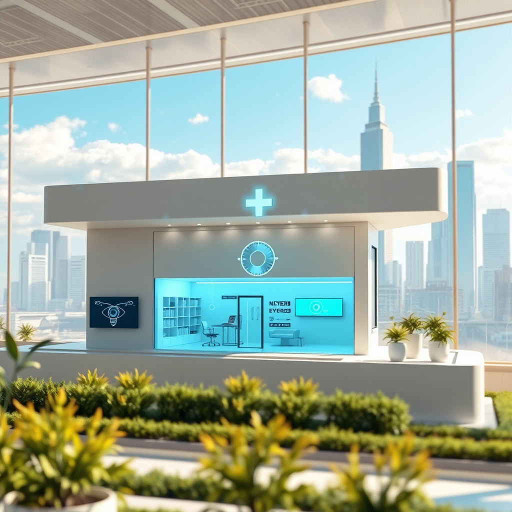 A photorealistic image of a blueprint showing a futuristic-looking eye clinic. The background is a bright and optimistic cityscape. Technical specs: 4K resolution.