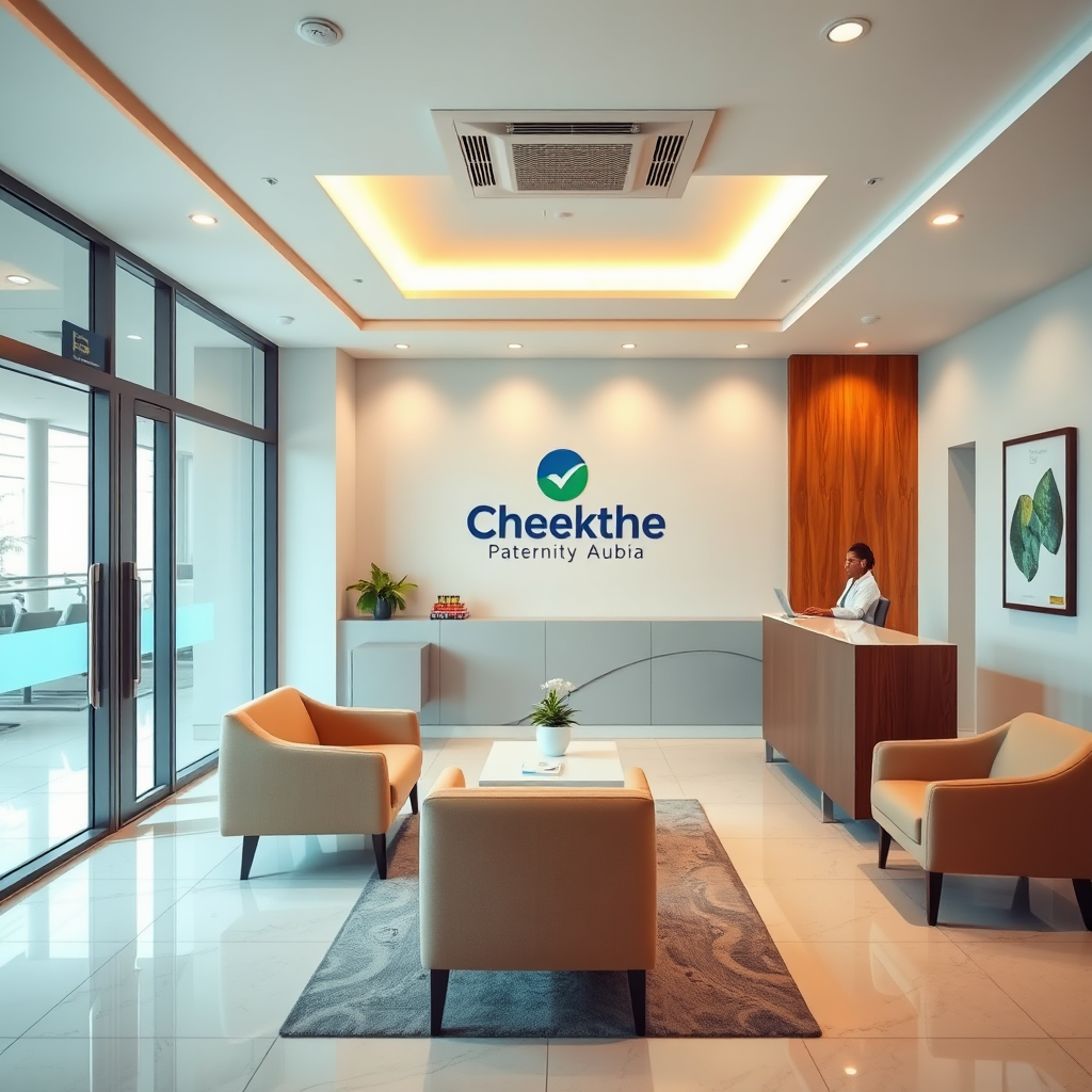 A photorealistic image of a clean and modern reception area at the Check Paternity Abuja facility. Include comfortable seating and a friendly receptionist, conveying professionalism and discretion.