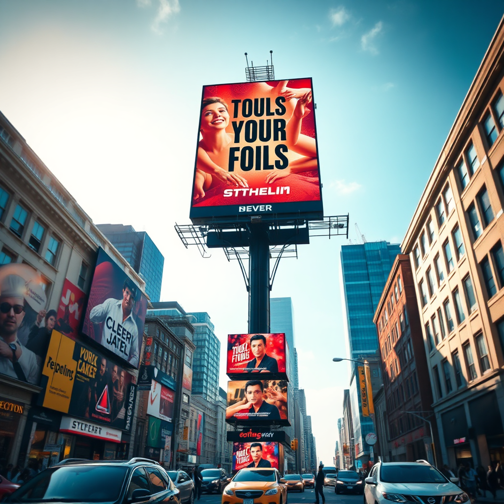 A photorealistic image of a large, eye-catching billboard towering over a busy city street. The billboard should feature a compelling advertisement with vibrant colors and clear messaging. The lighting should be dramatic, highlighting the billboard's presence and impact. The camera angle should be low, emphasizing the billboard's size and dominance. The surrounding environment should be bustling with activity, showcasing the billboard's visibility to a large audience.