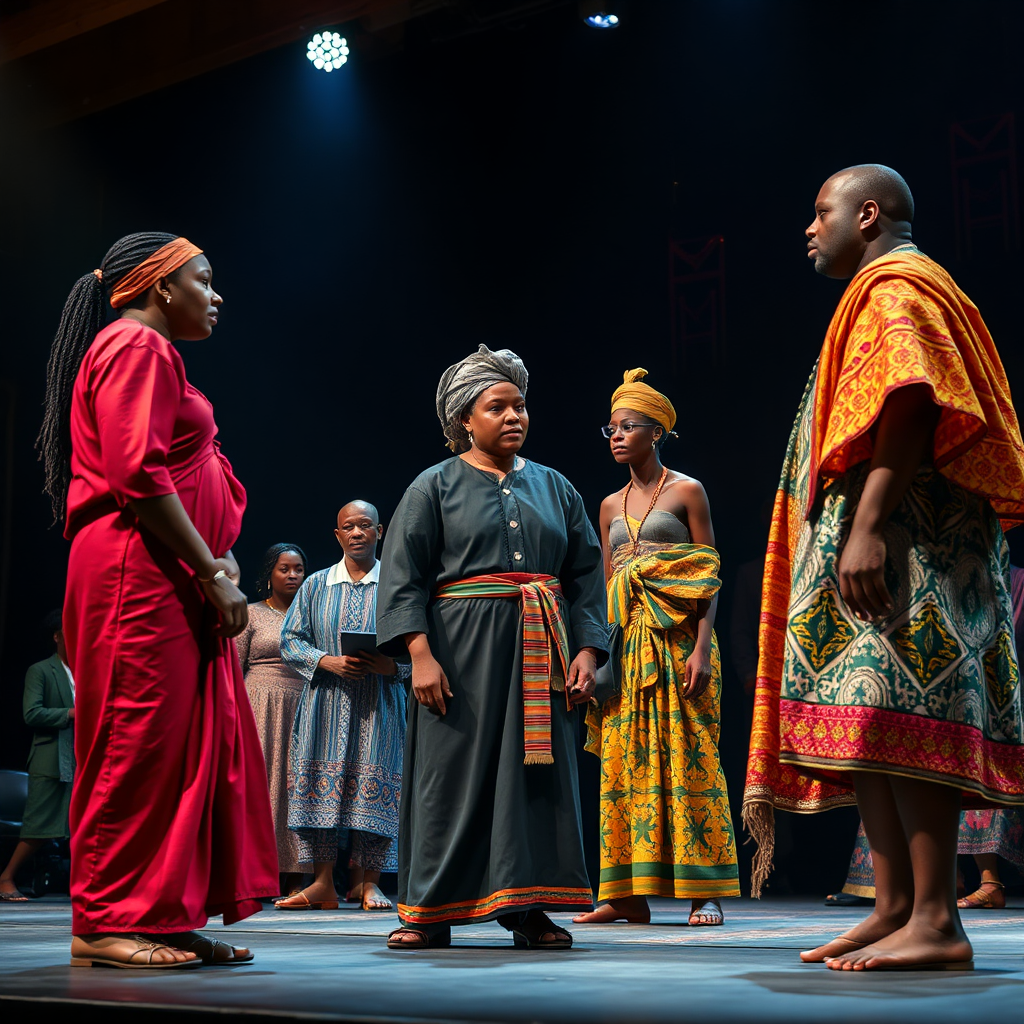 A photorealistic image of a live theatre performance in Ghana. Actors are on stage in traditional costumes, engaging in a dramatic scene with dynamic lighting and set design. Camera focuses on the expressions and interaction between performers. Atmosphere should feel immersive and culturally rich. 4k resolution.