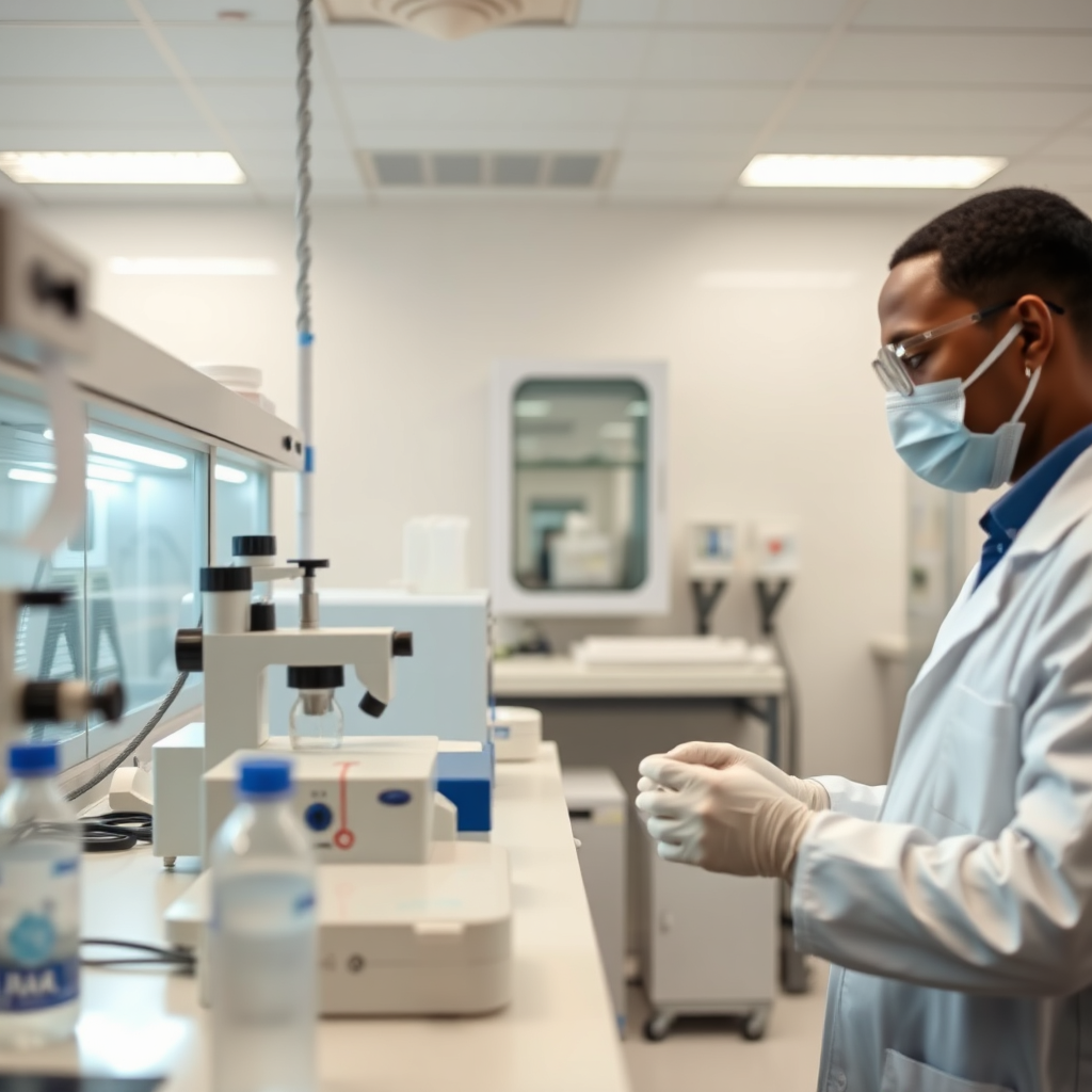 A photorealistic image of a modern, clean laboratory setting in Abuja. Focus on advanced testing equipment and a scientist in a lab coat working diligently. Lighting is bright and sterile, conveying professionalism.