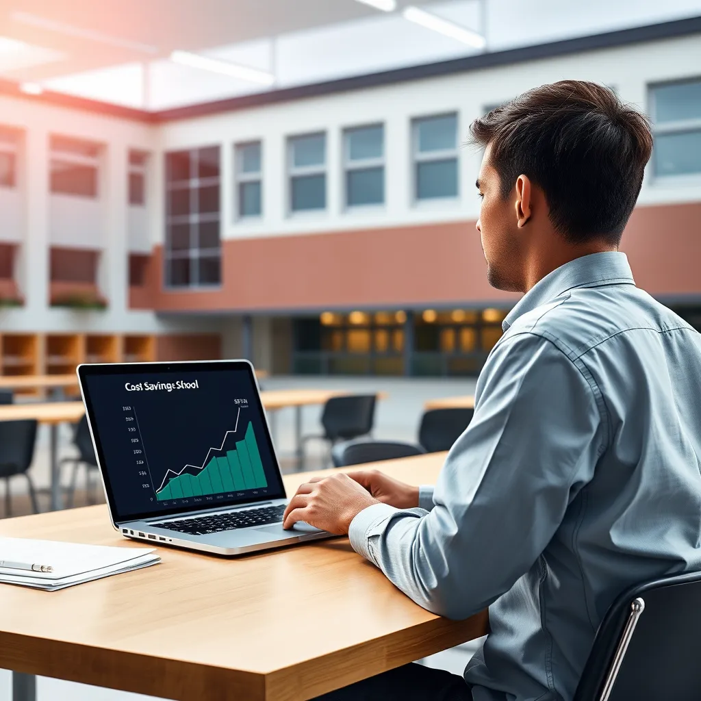 A photorealistic image of a school administrator sitting at a desk with a laptop, showing a graph depicting the cost savings achieved by using SaaS school management software. In the background, a school building with a modern and functional design is visible, symbolizing the efficiency and cost-effectiveness of the solution.