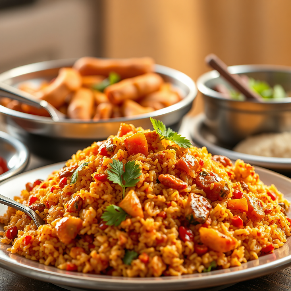 A photorealistic image of a traditional Ghanaian dish, such as Jollof rice or Banku, showcasing its vibrant colors and flavors. The lighting is warm and inviting, highlighting the dish's presentation and appeal. Props include traditional Ghanaian serving dishes and utensils.