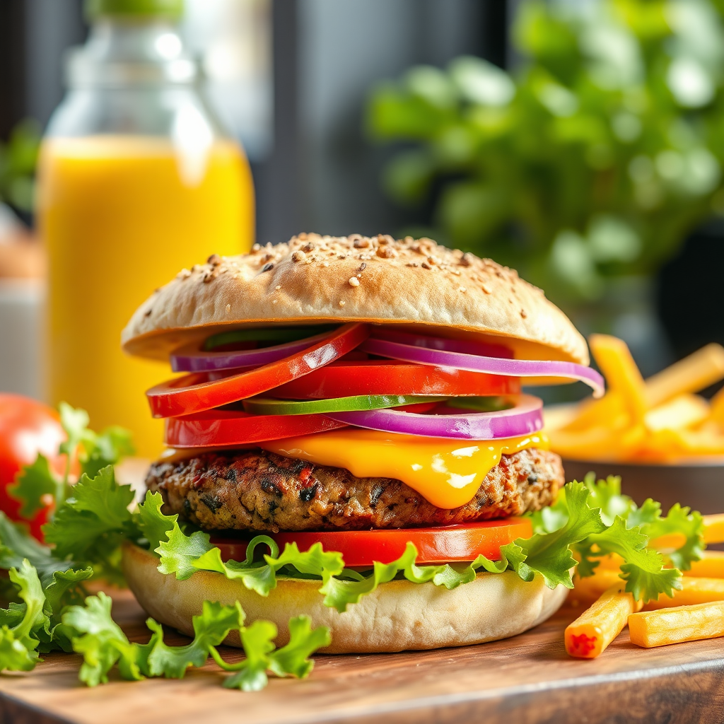 A photorealistic image of a vegan burger or salad, showcasing its vibrant colors, textures, and flavors. The lighting is bright and cheerful, highlighting the dish's freshness and appeal. Props include plant-based ingredients and vegan condiments.